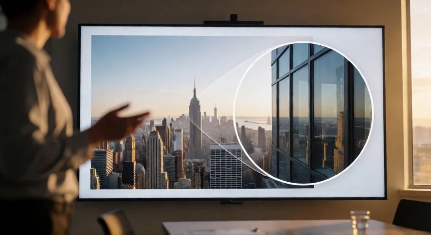 Persona dando una presentación con efecto de zoom en PowerPoint proyectado en pantalla grande