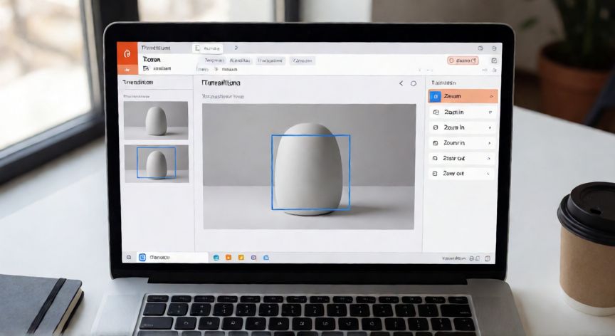 como hacer efecto zoom en powerpoint, Pantalla de portátil con PowerPoint abierto mostrando la pestaña Transiciones con el efecto Zoom seleccionado