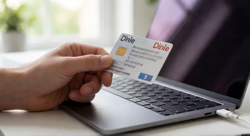 DNI electrónico conectado a un ordenador para la solicitud del certificado digital