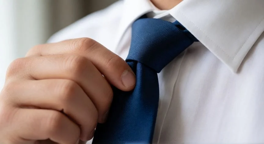 Hombres atando un nudo de corbata Four-in-Hand con camisa blanca