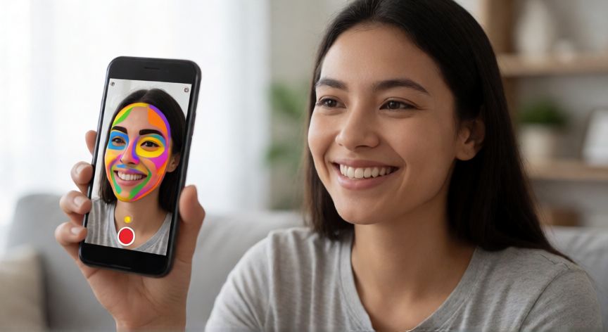 Joven mujer probando un nuevo efecto de realidad aumentada en su teléfono móvil