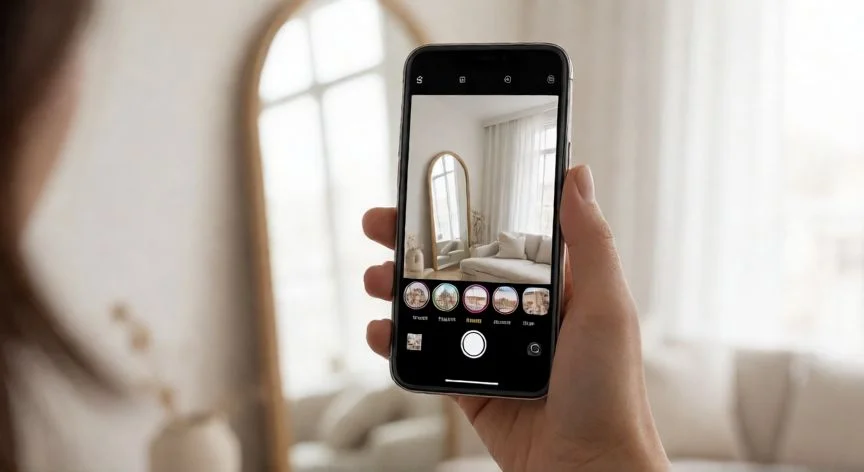 como hacer el nuevo efecto de instagram, Manos sosteniendo un móvil listo para grabar un reel con efecto de Instagram