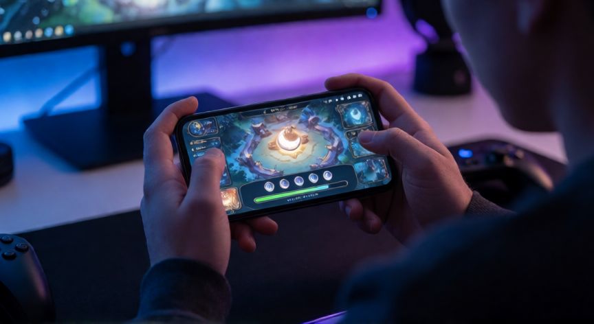 como hacer el nuevo evento de 99 noches, Jugador concentrado en su móvil durante la noche viendo la interfaz del evento de 99 noches con iconos lunares.