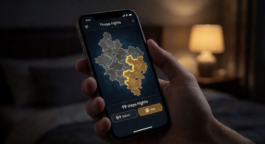 como hacer el nuevo evento de 99 noches, Mano sosteniendo un teléfono con el mapa de progreso del evento de 99 noches visible en la pantalla.