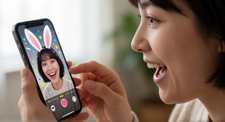 Persona probando un filtro de realidad aumentada en su teléfono móvil