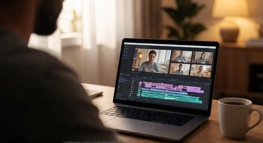 como hacer el nuevo formato de instagram, Creador de contenido editando un carrusel o Reels en una laptop