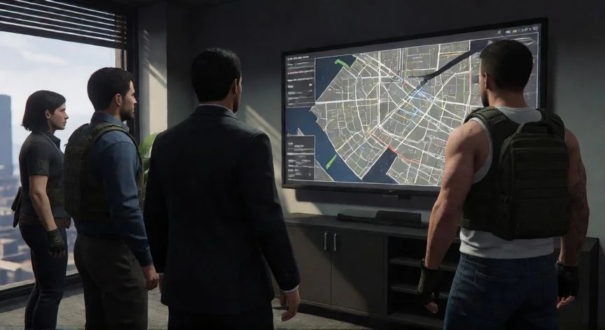 Jugadores de GTA Online planificando el nuevo golpe en una oficina