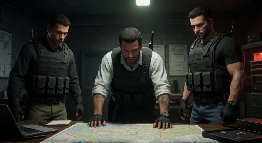 Jugadores planeando un asalto en una habitación segura de GTA V