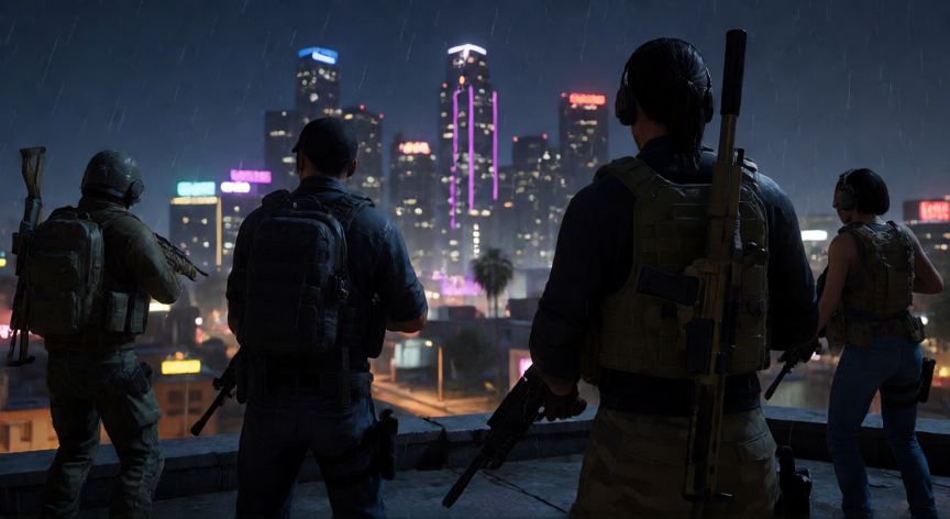 como hacer el nuevo golpe de gta 5 online, Equipos tácticos preparándose para un golpe en GTA Online vista nocturna