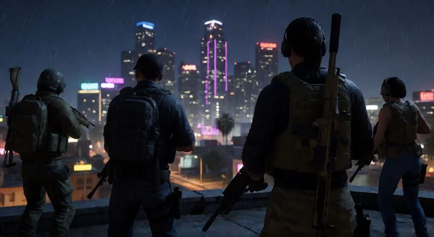 Equipos tácticos preparándose para un golpe en GTA Online vista nocturna