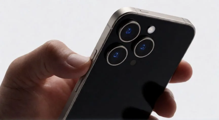 Maqueta realista de un smartphone con marco de titanio y módulo de cámaras avanzado