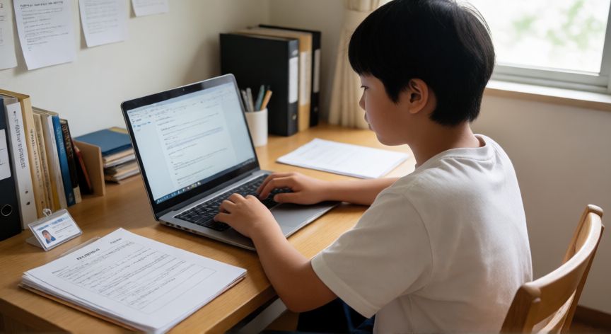 Estudiante realizando el registro de su beca en una computadora portátil