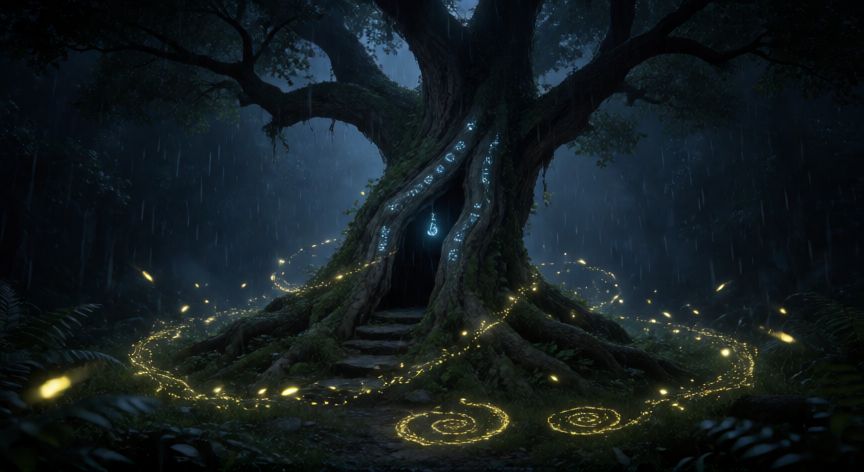 Árborecinto místico con inscripción luminosa en Avatar World durante la lluvia