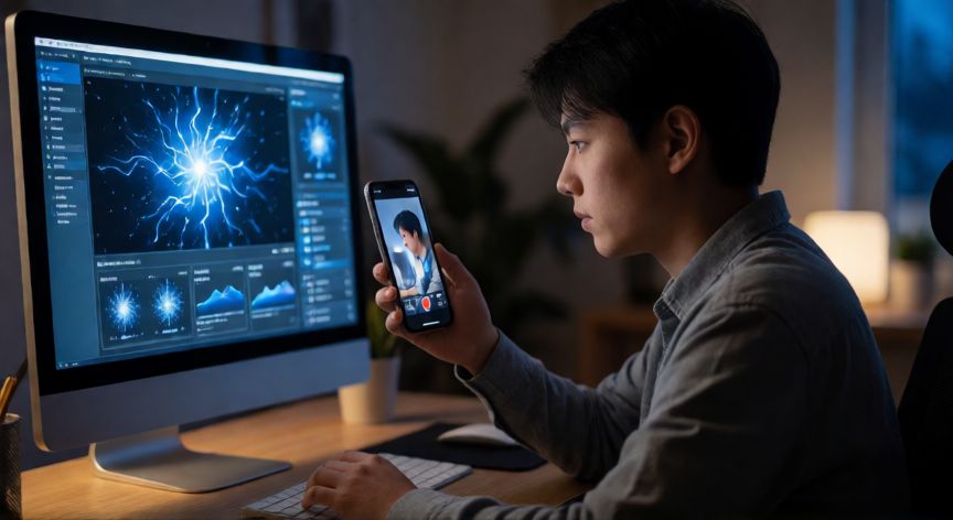 Persona creando contenido de inteligencia artificial en su escritorio con luces de neón