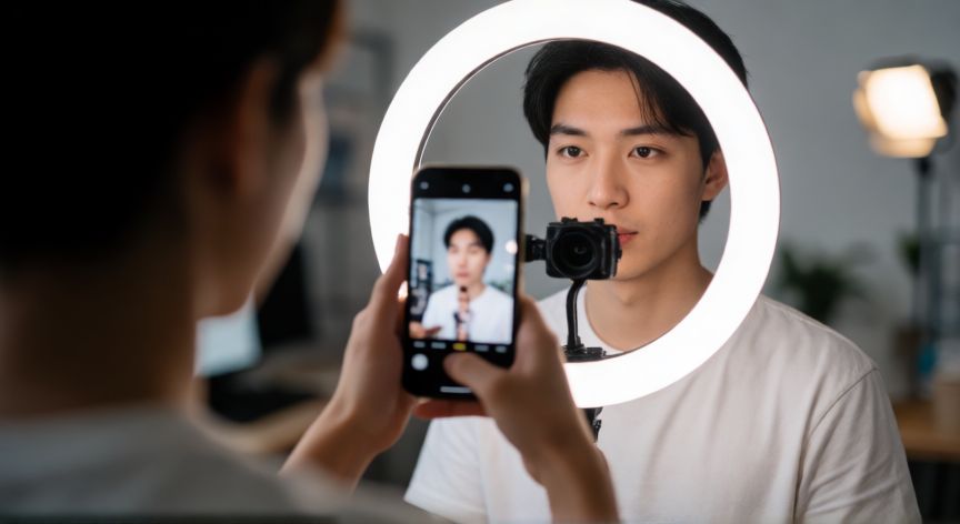 Creator grabando un trend de TikTok con luz profesional