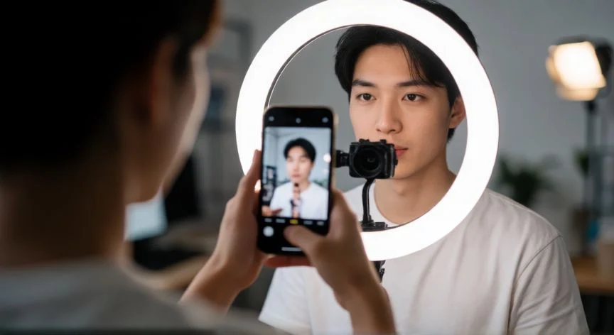 Creator grabando un trend de TikTok con luz profesional