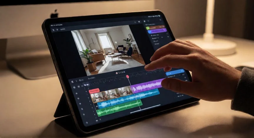 como hacer el nuevo trend de tiktok, Edición de vídeo en tablet mostrando la línea de tiempo y el audio