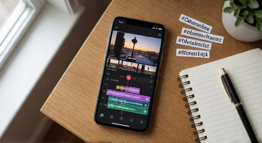 como hacer el nuevo video de instagram, Móvil sobre escritorio mostrando la línea de tiempo de edición de video