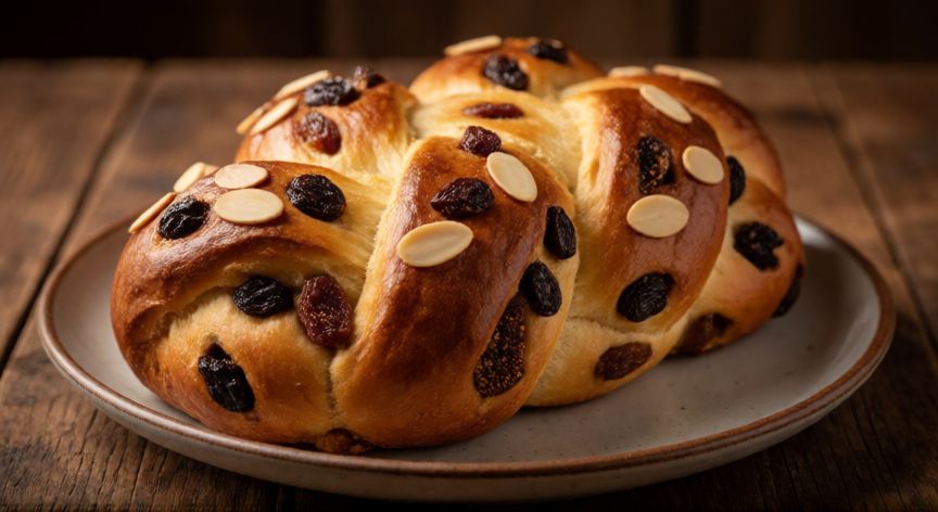 como hacer el pan de 7 sopas, Pan de Siete Sopas recién horneado con pasas y almendras sobre mesa de madera