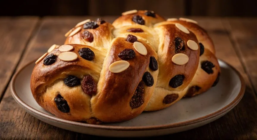 Pan de Siete Sopas recién horneado con pasas y almendras sobre mesa de madera