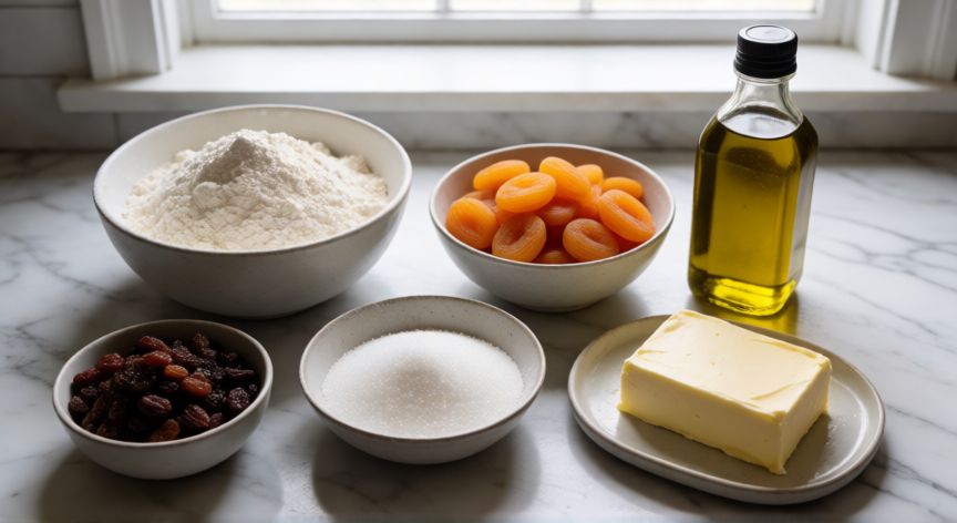 como hacer el pan de 7 sopas, Ingredientes para preparar el Pan de Siete Sopas dispuestos en encimera de mármol