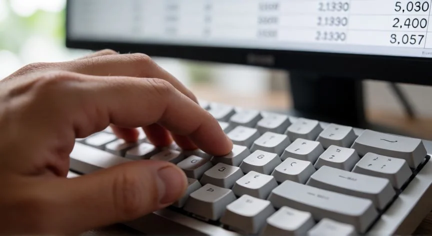 Mano tecleando la tecla 3 en un teclado mecánico con Excel de fondo