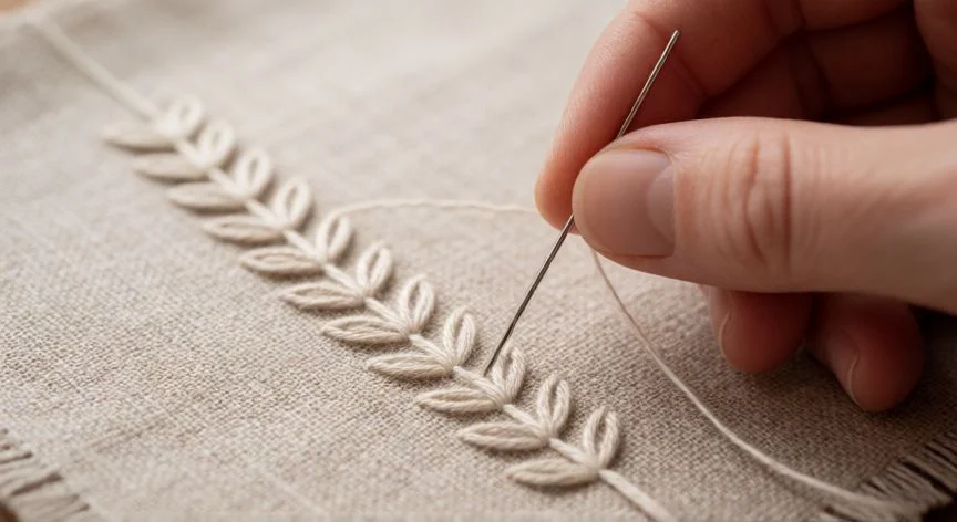 Manos tejiendo punto hoja en crochet con lana verde salvia y gancho de madera