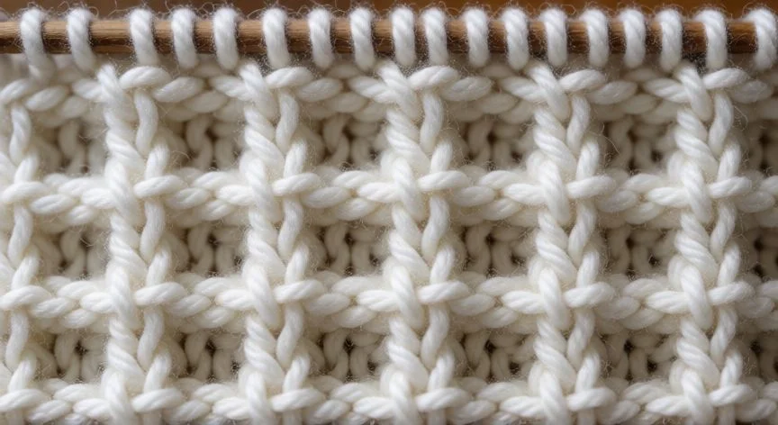 Detalle de la textura del punto waffle tejido en lana blanca