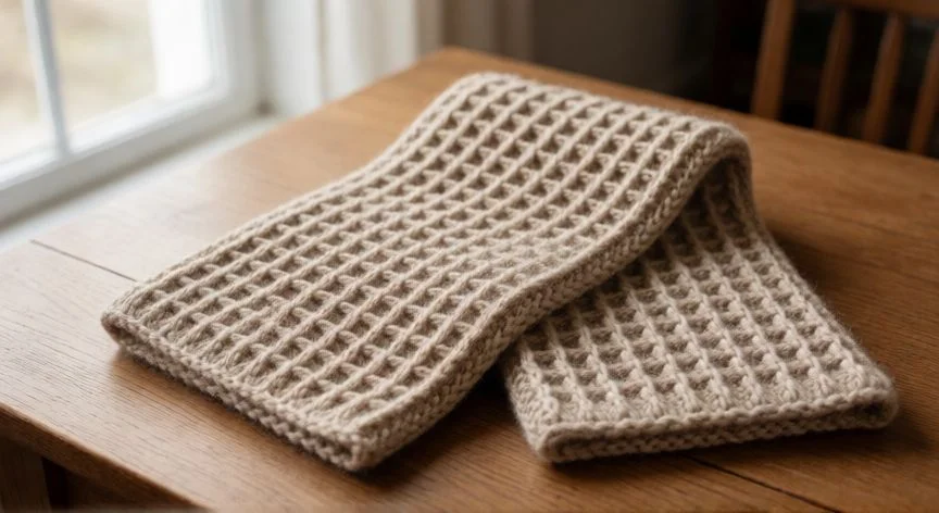 cómo hacer el punto waffle, Muestra terminada de punto waffle en crochet con herramientas de ganchillo