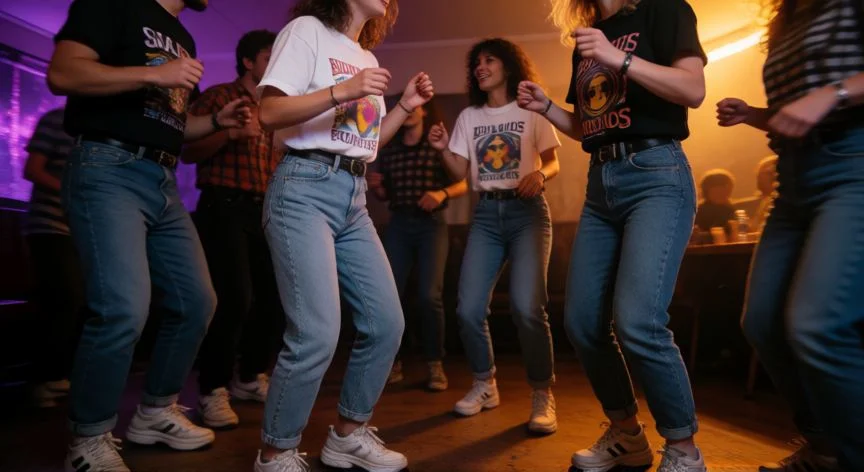 como hacer el trend de los 80, Grupo de amigos bailando con estilo retro ochentero