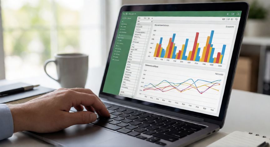 como hacer en excel graficos, Persona creando un gráfico de barras en Excel en su portátil