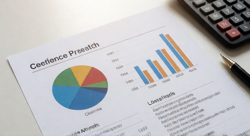 como hacer en excel graficos, Informe impreso con gráficos de pastel y columnas en Excel sobre escritorio de oficina