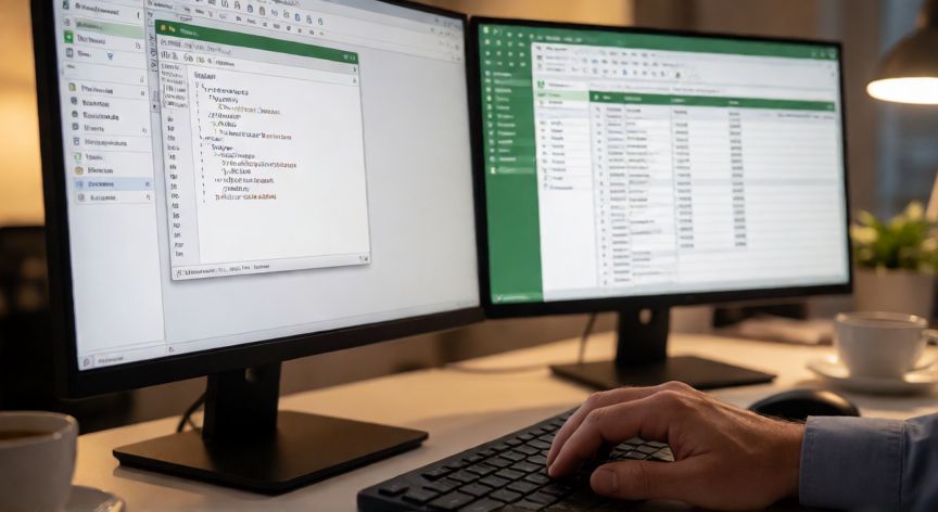 como hacer en excel macros, Editor de VBA de Excel abierto junto a una hoja de cálculo con datos