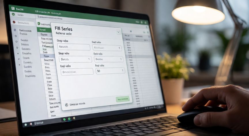 como hacer en excel que los numeros sean consecutivos, Diálogo de Rellenar serie de Excel abierto sobre una hoja de cálculo con valores de inicio, paso y término configurados