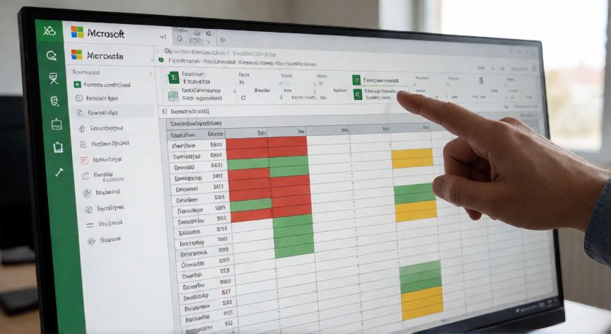 como hacer en excel que una celda cambie de color automaticamente, Pantalla de Excel mostrando formato condicional con celdas de colores rojo, verde y amarillo
