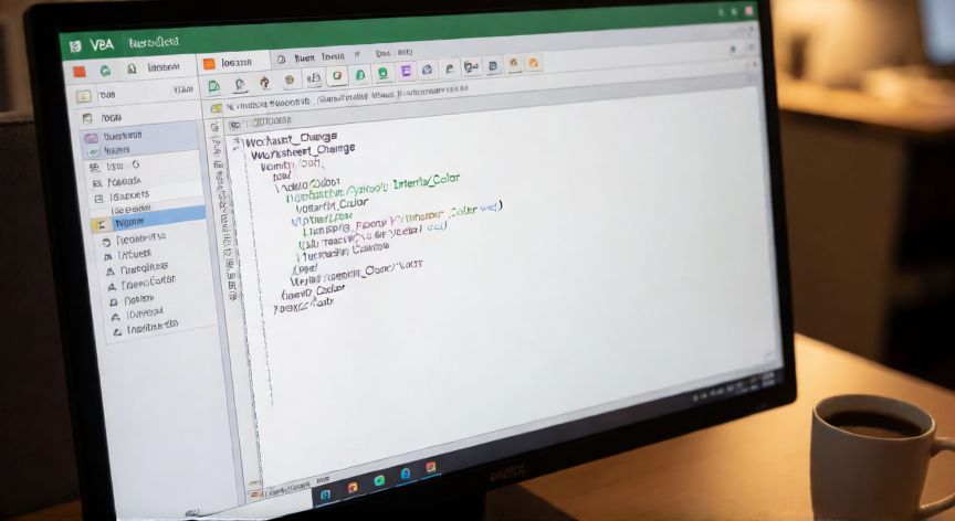 como hacer en excel que una celda cambie de color automaticamente, Editor VBA de Excel mostrando código macro para cambiar color de celdas