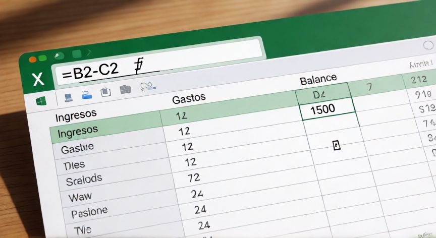 como hacer en excel resta, Hojá de Excel mostrando la fórmula de resta =B2-C2 en la barra de fórmulas