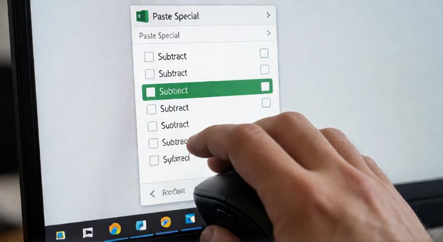 como hacer en excel resta, Diálogo de Pegado Especial en Excel con la opción Restar seleccionada
