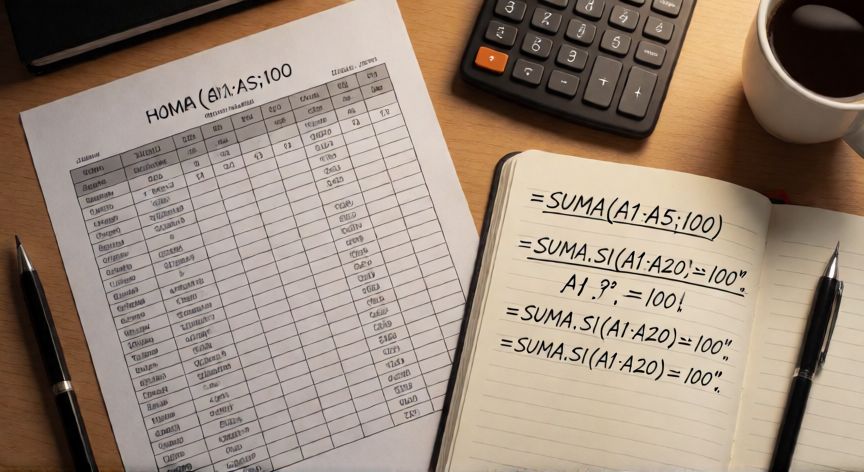 como hacer en excel sumas, Escritorio con hoja de cálculo impresa y apuntes de fórmulas de suma en Excel