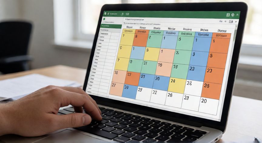 como hacer en excel un calendario, Pantalla de Excel mostrando un calendario mensual con formato de colores