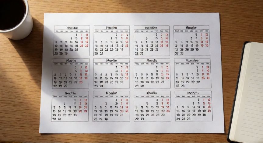 como hacer en excel un calendario, Calendario anual impreso en Excel sobre escritorio de madera con café