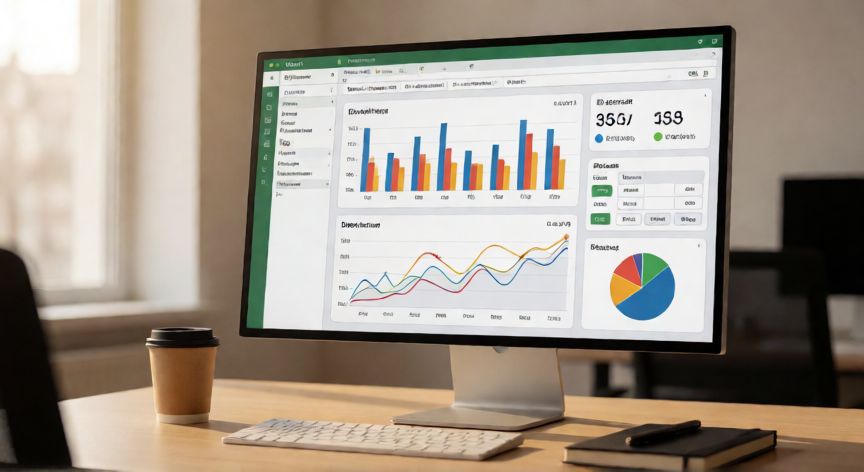 como hacer en excel un dashboard, Dashboard de Excel en pantalla con gráficos de barras, líneas y KPIs en una oficina moderna
