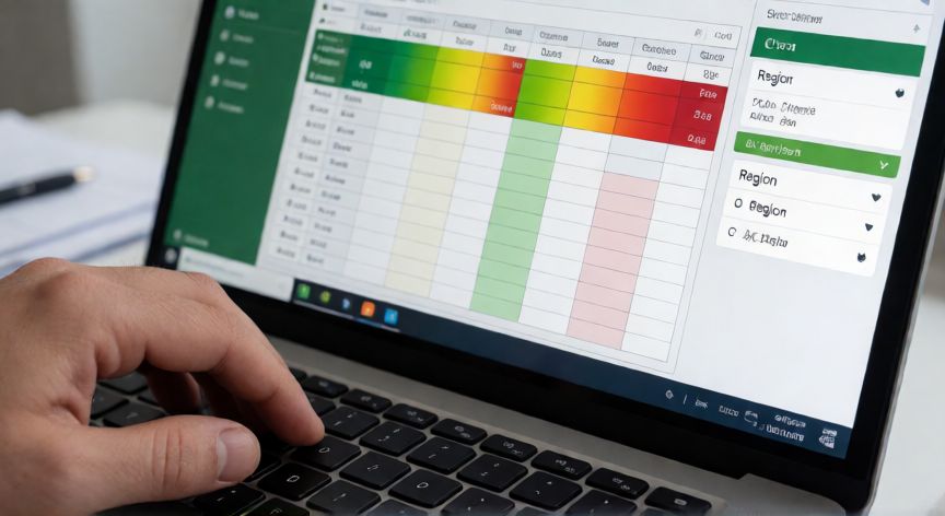 como hacer en excel un dashboard, Manos trabajando en Excel con formato condicional y segmentadores visibles en pantalla