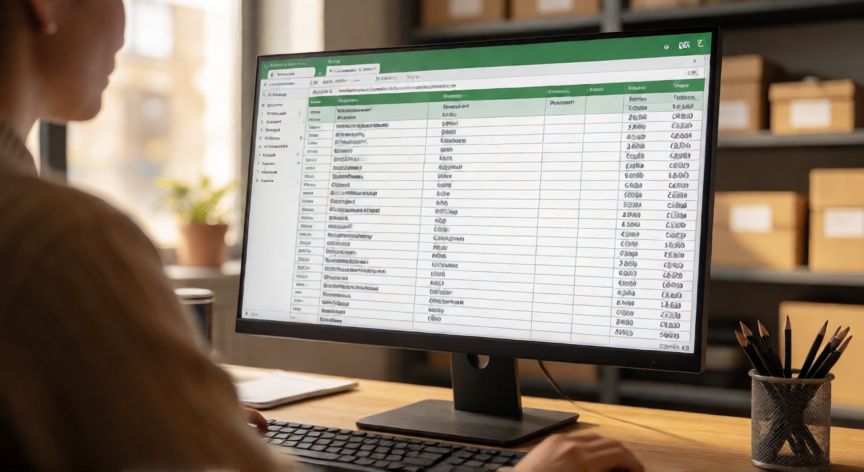 como hacer en excel un inventario, Persona gestionando un inventario en Excel en una oficina con estanterías de almacén al fondo