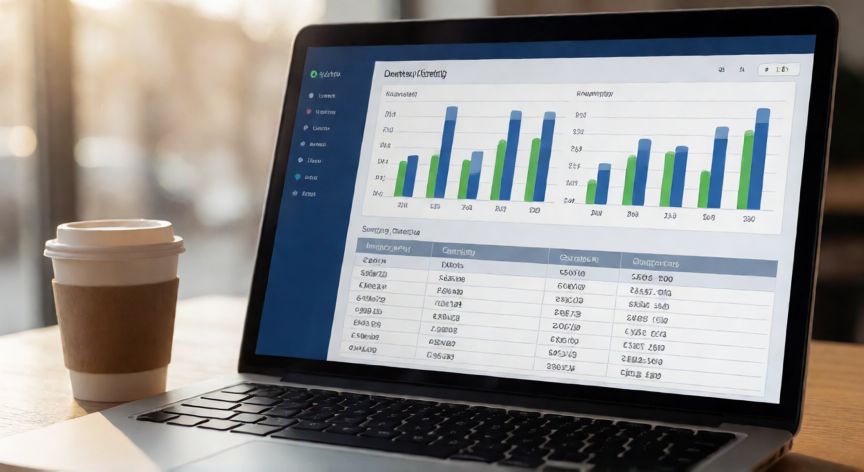como hacer en excel un inventario, Vista cercana de un dashboard de inventario con gráficos en una laptop sobre escritorio de madera