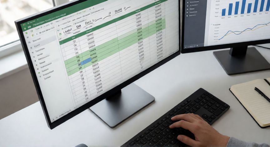 como hacer en excel una suma, Manos usando teclado con Excel abierto mostrando función SUMA y gráfico