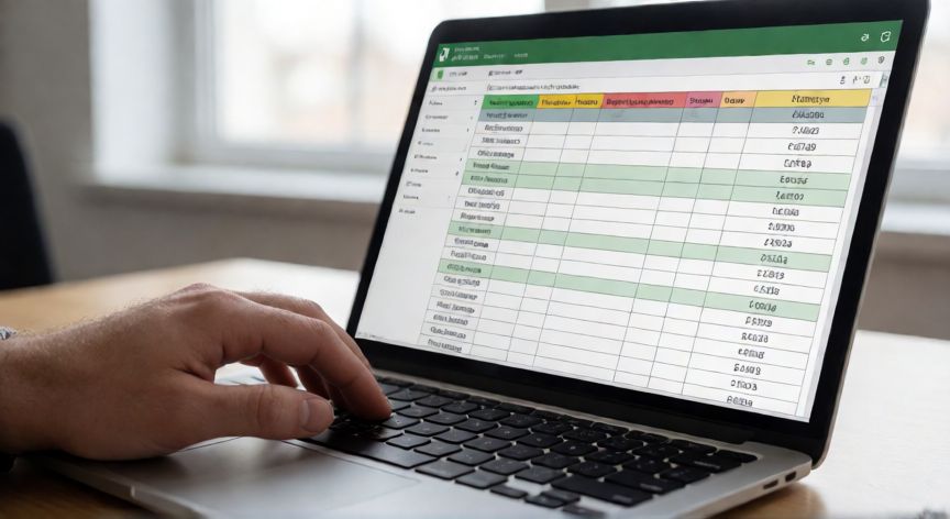 como hacer en excel una tabla, Person creating a structured table in Excel on a laptop screen