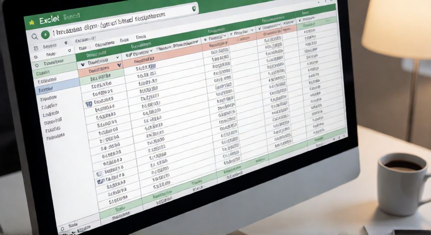 como hacer en excel una tabla, Excel table with filter dropdowns and totals row displayed on a desktop monitor