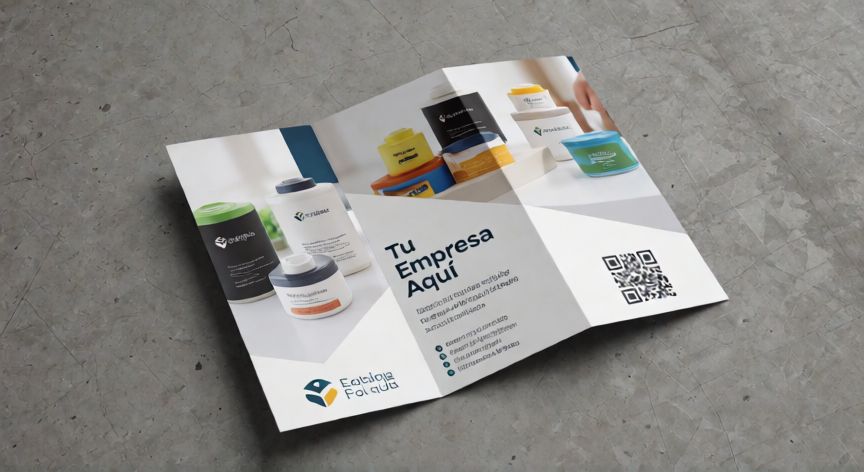 como hacer en powerpoint un triptico, Tríptico A4 abierto mostrando la cara interior con tres paneles de diseño corporativo y código QR