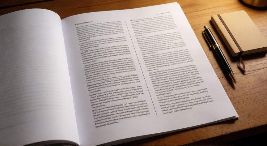 como hacer en word 2 columnas, Documento impreso con diseño de dos columnas sobre un escritorio de madera
